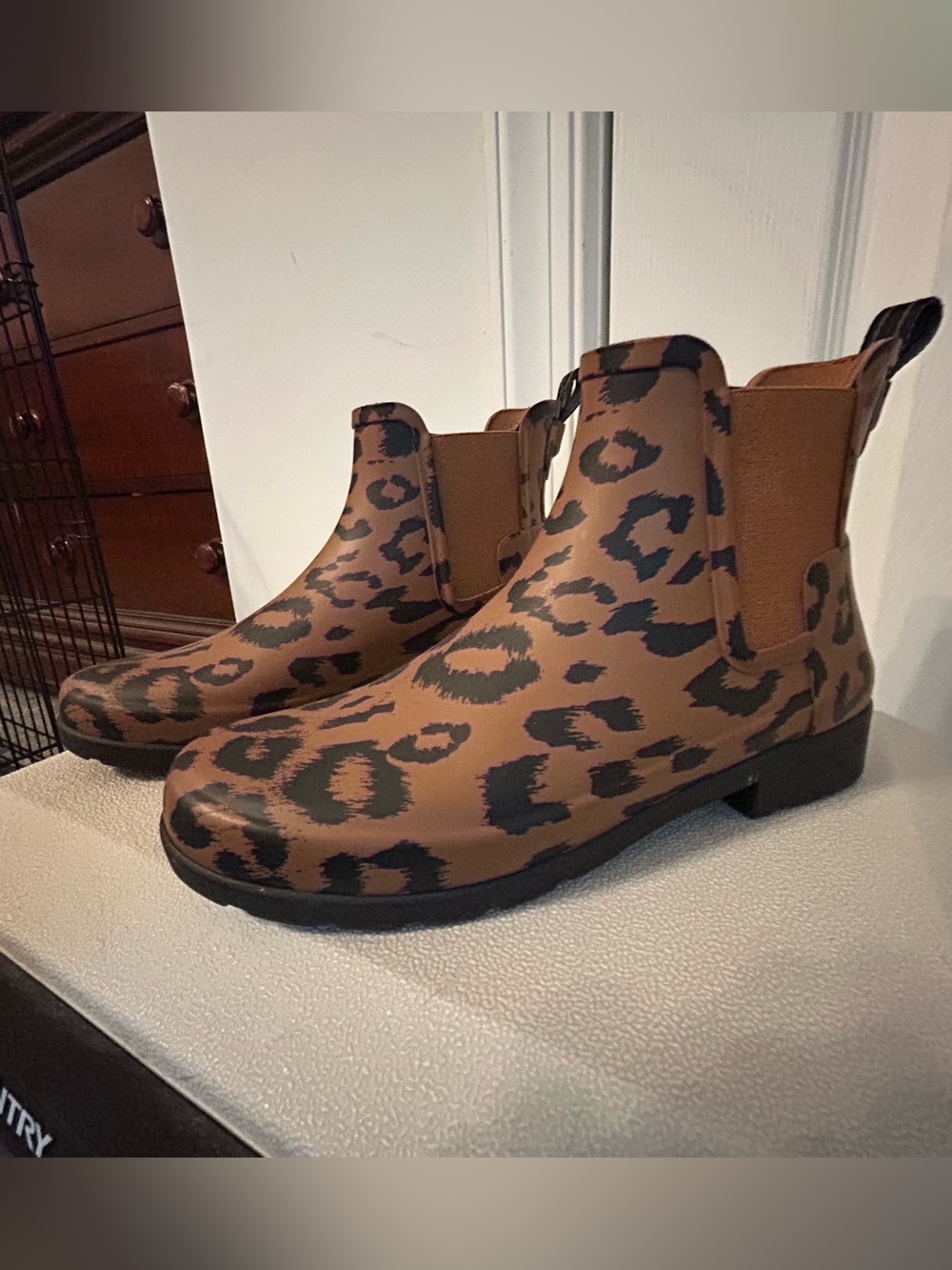 Hunter Leopard Print Rain Ankle Boots - Brown